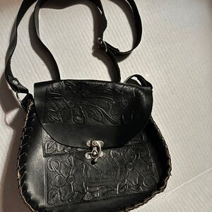 Black Floral Embossed Leather Bag